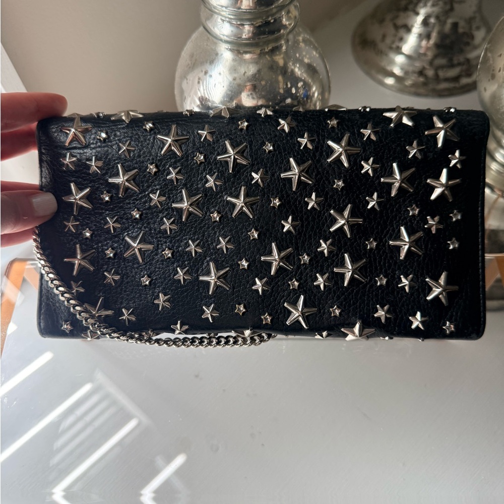 . Jimmy Choo: Milla Black Star-Studded Leather Chain Clutch Wallet - Picture 3 of 10